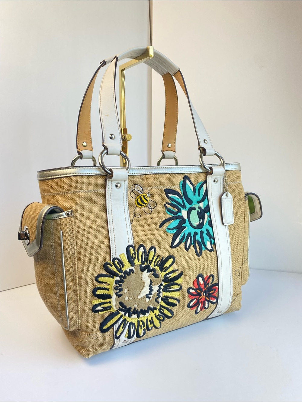 Coach Vintage Rare Floral Bee Woven Straw Gallery Summer Tote Beachbag - Picture 15 of 15